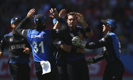 Tim Southee of New Zealand celebrates after taking the wicket of David Warner (Ryan Pierse/Getty Images)