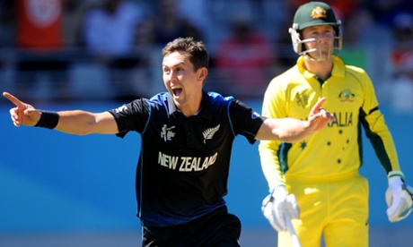 Trent Boult celebrates after taking the wicket of Mitchell Marsh during the Cricket World Cup match in Auckland.