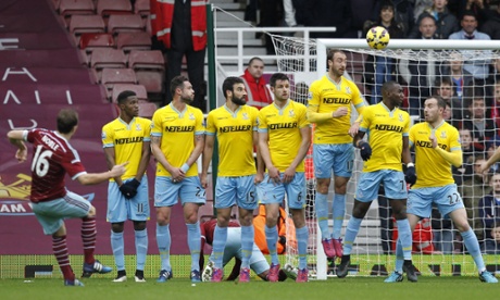 Mark Noble's free kick thumps the crossbar.