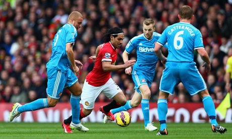 Radamel Falcao tries to break through the Sunderland defence.