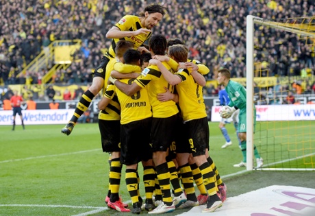 Henrikh Mkhitaryan of Borussia Dortmund celebrates after scoring the second.
