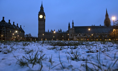 Houses of Parliament, London, in the snow