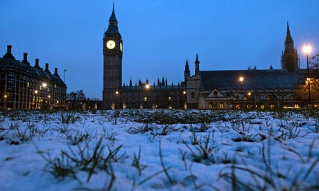 Houses of Parliament, London, in the snow