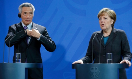 German Chancellor Angela Merkel, at a press conference with Singapore's Prime Minister Lee Hsien Loong in Berlin today.