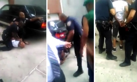 Composite image from the video showing an NYPD officer apparently stomping on a man's head.