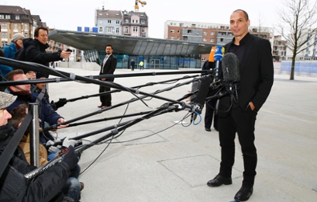 Greek Finance Minister Yanis Varoufakis speaks to media outside the European Central Bank (ECB) in Frankfurt February 4, 2015.