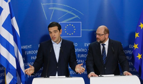 Greek Prime Minister Alexis Tsipras (L) gives a press briefing at the end of the meeting with President of the European Parliament Martin Schulz (R) at the European Parliament in Brussels, Belgium, 04 February 2015.