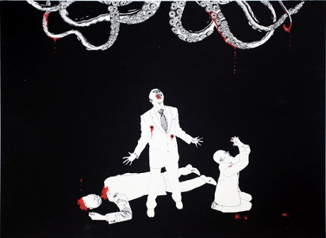 Octopus tentacles and screaming, bloody men