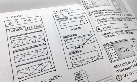 Sketches of the new search, our ideas included adding articles and visually disguising different categories of content.