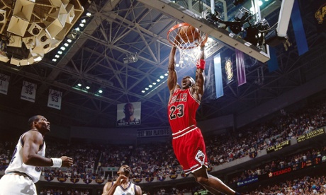 The Chicago Bulls' Michael Jordan dunks against the Utah Jazz in Game Three of the NBA Finals in 1997.