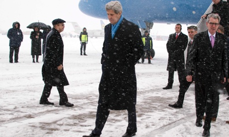 Secretary of state John Kerry arrives in snowbound Kiev 