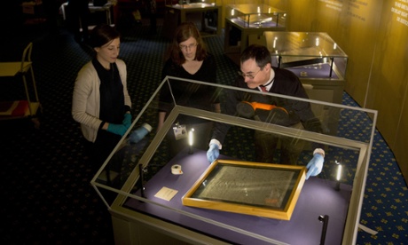 The Salisbury Cathedral 1215 copy of the Magna Carta installed in the Queen's Robing Room at the Houses of Parliament