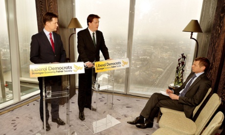 Nick Clegg and Danny Alexander launching their fiscal plans at the Shangri-La Hotel in the Shard, London