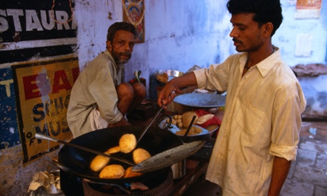 Frying up kachoris in oil.