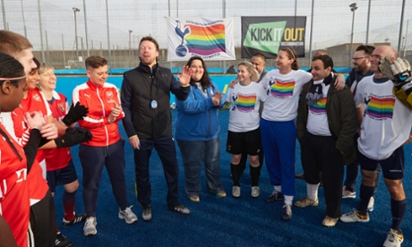 Tottenham coach Steffen Freund with members of the Proud Lilywhites and Gay Gooners LGBT supporters groups