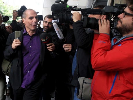 Greek Finance Minister Yanis Varoufakis (L) enters the Finance Ministry in Athens, Greece, 06 February 2015, for a meeting with USA's Deputy Assistant Secretary for Europe and Eurasia at the U.S. Department of Treasury, Daleep Singh and the head of the Office for Europe and Eurasia of the U.S. Department of the Treasury, Lea Bouzis.