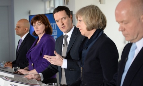 Conservative Party Election Press Conference with George Osborne, William Hague, Theresa May, Nicky Morgan and Sajid Javid in central London.