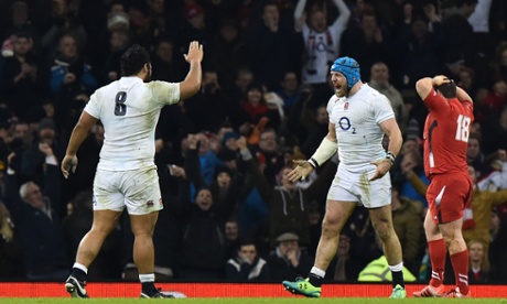 England's Billy Vunipola and James Haskell celebrate after their side's Six Nations win over Wales in Cardiff.