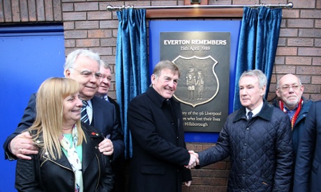 Everton chairman Bill Kenwright, Margaret Aspinall and Kenny Dalglish unveil a plaque for the victims of the Hillsborough disaster.