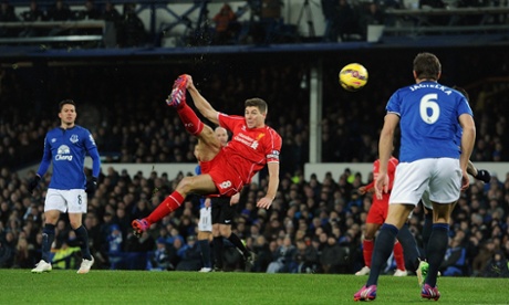 Steven Gerrard of Liverpool goes for a over-head kick.