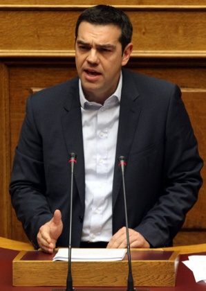 Greece's new prime minister Alexis Tsipras addressing the parliament.
