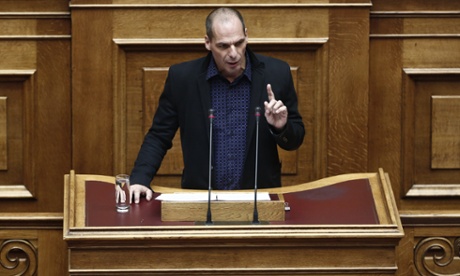 Finance Minister Yanis Varoufakis speaks during a Parliament session in Athens, Monday, Feb. 9, 2015.