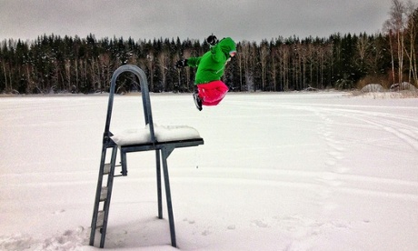 My daughter Eva using the summer diving platform for winter fun