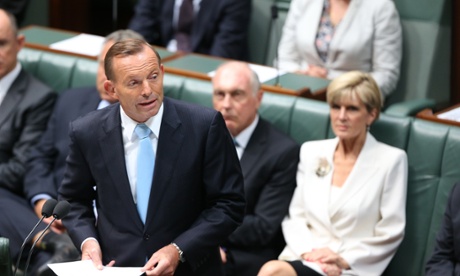 Julie Bishop looks on as Tony Abbott speaks in parliament on Monday.