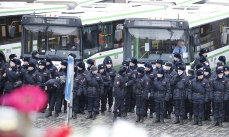 Riot police near the site of where Nemtsov was killed.