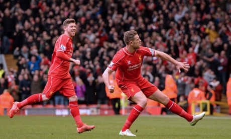 Jordan Henderson celebrates after his 20-yard strike gave Liverpool a 1-0 lead