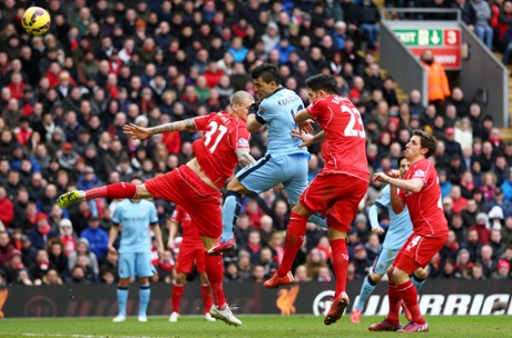Sergio Aguero directs a header on goal.