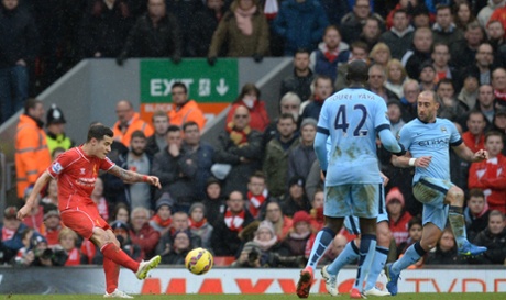 Philippe Coutinho shoots to score their second goal.
