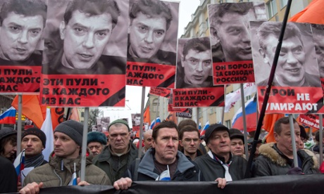 Russia's opposition supporters take part in a march in memory of Boris Nemtsov in central Moscow.