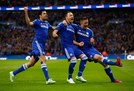 John Terry celebrates scoring the opening goal with Diego Costa and Gary Cahill.