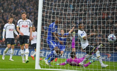 The ball hits the back of the Tottenham net as Diego's Costa's deflected shot gives Chelsea a 2-0 lead.