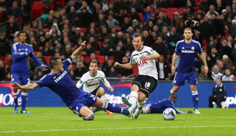 Harry Kane shoots at goal under pressure from John Terry.