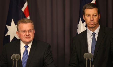 Small business minister Bruce Billson with the chief executive of the Australian Food and Grocery Council Gary Dawson at the announcement of the creation of a food and grocery Code of Conduct.