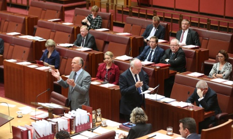 The Leader of the Government in the senate Eric Abetz speaks against a censure motion moved against Senator George Brandis by senator Penny Wong.