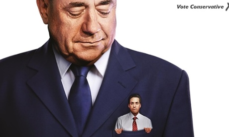 Conservative Party poster featuring Ed Miliband in the top pocket of Alex Salmond.