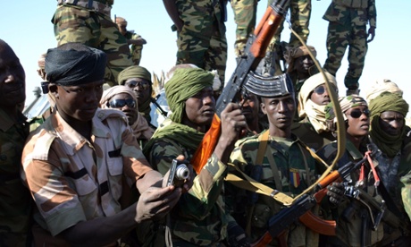 Chadian soldiers gather near the Nigerian town of Gamboru.