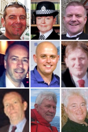 Nine victims of the Clutha crash: helicopter pilot David Traill with police officers Kirsty Nelis and Tony Collins. (middle row left to right) And Clutha customers Gary Arthur, Colin Gibson and Mark O'Prey, (bottom row) Samuel McGhee, Robert Jenkins and John McGarrigle.