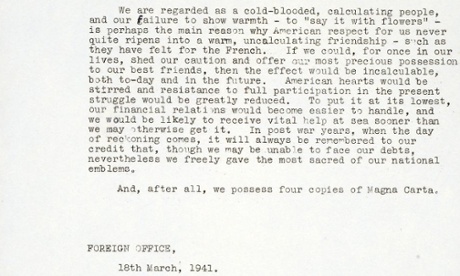 Section of proposal to offer Magna Carta as a gift to the US.