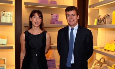 Samantha Cameron, former Smythson creative director, poses with CEO Paddy Byng at a launch party in Beverly Hills, California, in 2007.