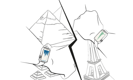 Smartwatch illustration showing logging of exercise in a virtual marathon in Paris and Egypt