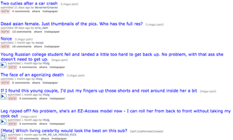 Some of the posts on the Cute Female Corpses subreddit.