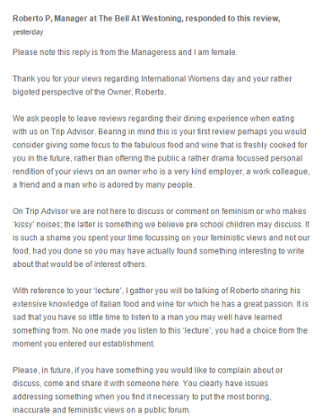 The response left to Christina Fowler's review by the manageress of The Bell at Westoning.