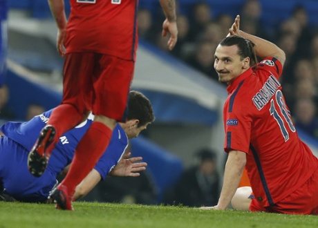 PSG's Zlatan Ibrahimovic reacts after having fouled Chelsea's Oscar, for which he was sent off. The 10 men, however, went on to knock Chelsea out.