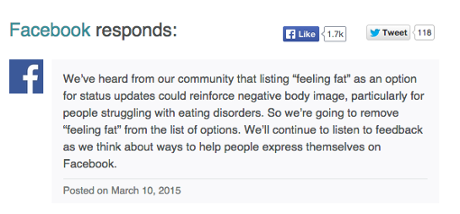 Facebook statement removing fat emoji