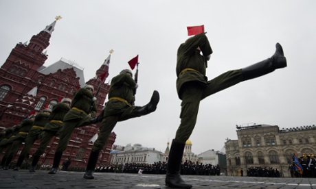 Russian soldiers rehearing for a military parade at Red Square in Moscow
