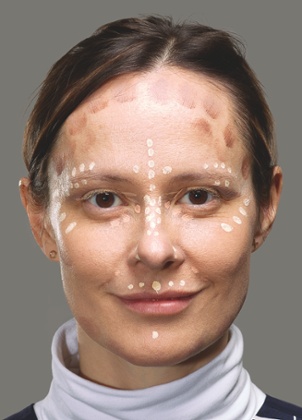 Rachel, the makeup artist, sketches a plan on Imogen’s face using dots. It’s a little like an Ordnance Survey map. 